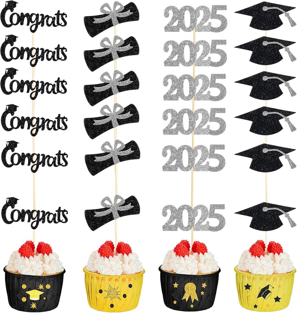 Chinco 100 Pack 2025 Graduation Cupcake Toppers Grad Cap Food Appetizer Picks Cake Graduation Party Decorations Diploma Cupcake Picks for Cake Class of 2025 Graduation Party(Black Silver)