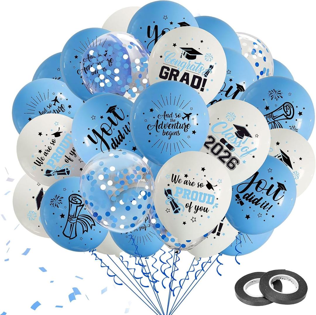75Pcs Light Blue Graduation Balloons Decorations Class of 2026 Graduation Party Supplies with Grad Balloon Ribbons for Grad Party Decoration