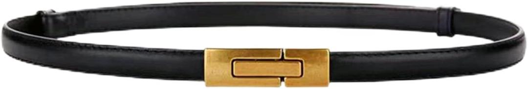 Women's Slim Leather Waist Belt with Gold Buckle-Elegant Thin Ladies Belt for DressesCinturones para Mujer (Fit 23-35 inches waist, Black)