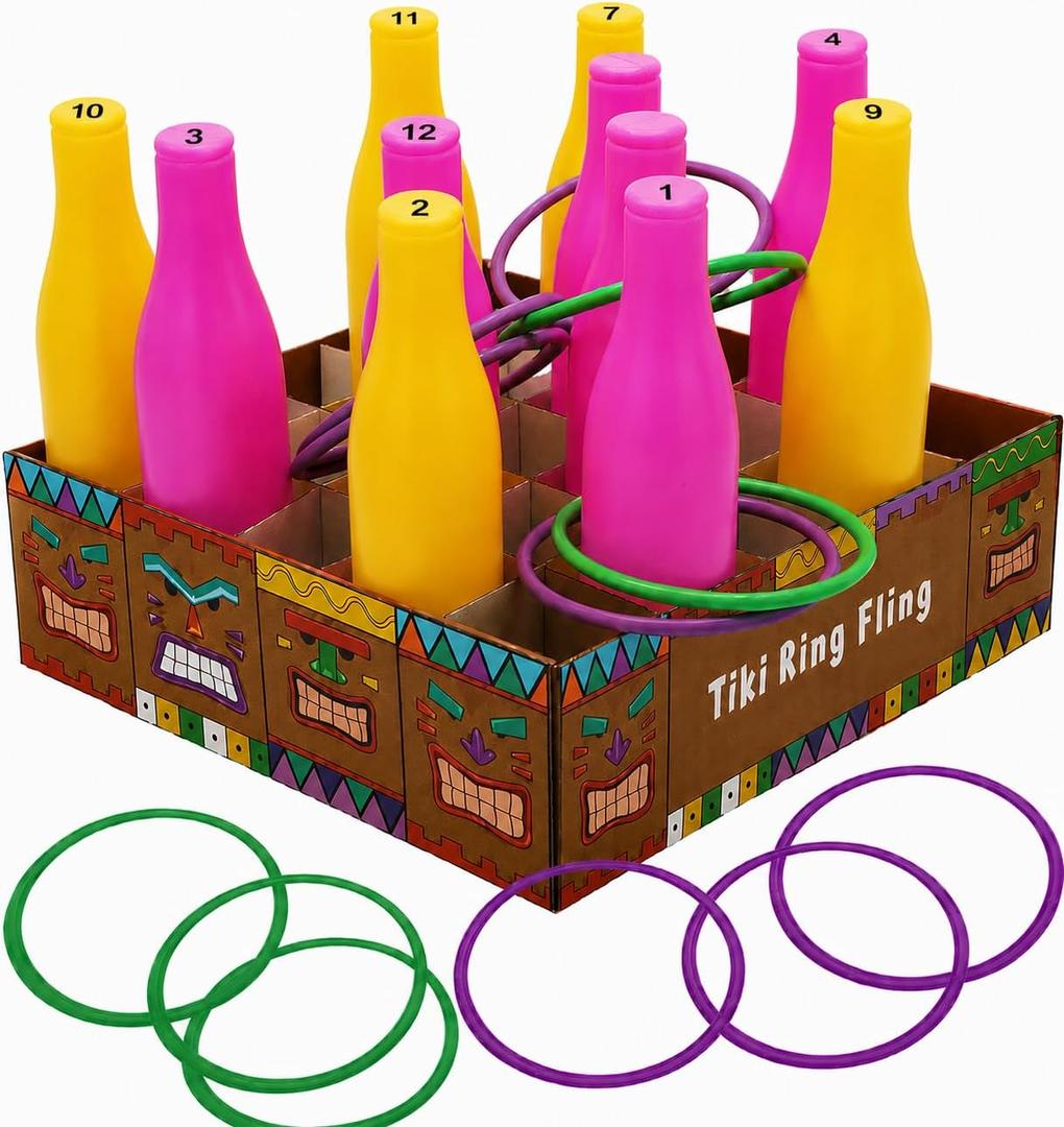4E's Novelty Tiki Ring Fling Bottle Ring Toss Game Set for Party Games for Adults and Family, Beach Summer Hawaiian Luau Outdoor Indoor Game Activity
