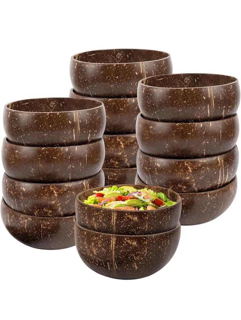 OMISTAR 14 PCS Coconut Shell Bowls, Small Polished Wooden Bowl, Natural Coconut Shell Bowls for Smoothie, Acai, Salad, Snacks, Vegan Presents, Kitchen Decor, Picnic, Theme Party Dining (14PCS