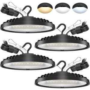 4 Pack 150W UFO LED High Bay Light, Adjustable Wattage 150W/110W/75W, 3-Color Temperature (3500K/5000K/6500K), 21,000LM, 120VAC, Plug & Play LED Shop Lights Fixture for Warehouse, Garage, Factory