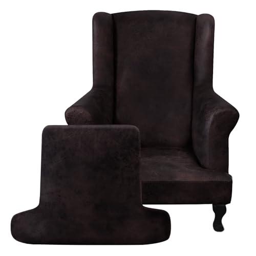 ANARACHON Leather Look Wingback Chair Covers, 2-Piece Wing Chair slipcover,Stretch Wing Back Armchair Slipcovers with Elastic Bottom, Soft Spandex Furniture Protector for Living Room (Chocolate)