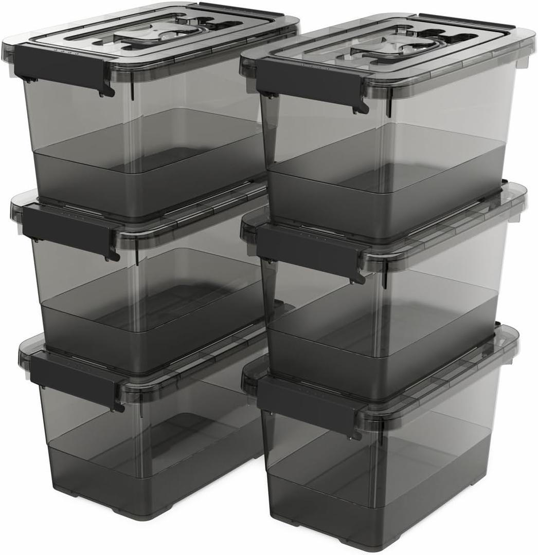 Clear Black Small Plastic Storage Bins with Lids 4 Quart, 6-Pack Stackable Organizer Boxes with Carry Handles, Compact Storage Containers for Organizing
