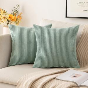 MIULEE Pack of 2 Corduroy Soft Soild Decorative Square Throw Pillow Covers Set Cushion Cases Pillowcases for Sofa Bedroom Couch 20 x 20 Inch Greyish Green
