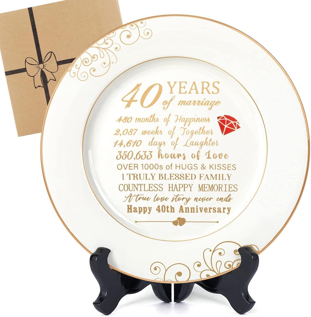 40th Anniversary Wedding Gifts for Wife - 40 Year Anniversaty Plate with 24k Gold Foil, Happy Decorations for Couple Parents Him Her Husband, Ceramic 9"