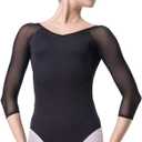 KUKOME Ballet Dance Leotards for Women, Teen, Girls Dance Bodysuit 3/4 Sleeve Leotards (Medium (High:150-155cm), Black)