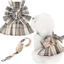 PUPTECK Plaid Dog Dress with Leash - Cute Puppy Harness Clothes for Small Medium Sized Dogs, Outfits for Girl Puppy Wedding Birthday Costume, S