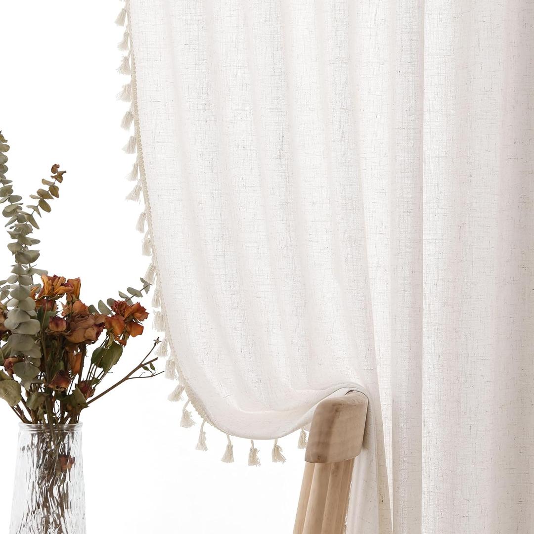 Natural Boho Linen Curtains 84 Inches Long 2 Panels Cream Beige Semi Sheer Curtains Tassel Rod Pocket Back Tab Top Light Filtering Neutral Farmhouse Curtains for Living Room Bedroom 38x84