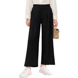 Haloumoning Girls High Waisted Uniform Pants Kids Wide Leg Dress Pants Casual Trousers with Pockets 5-14 Years (Black)