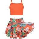 Girls Swimsuit 3-Pieces Swimwear Ruffle Strap Tankini Tops Floral Bottoms Set Beach Bathing Suit for Girls, Size 150