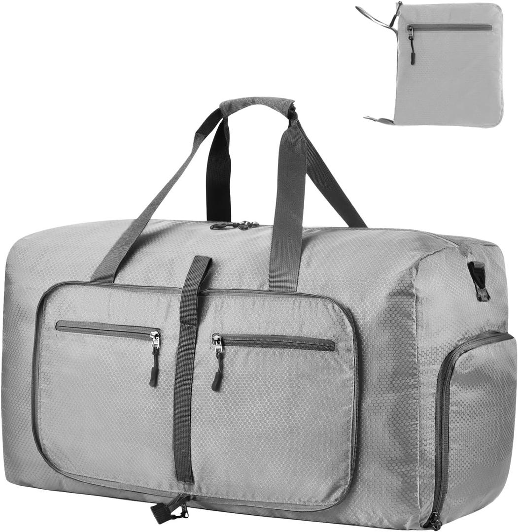 Dimayar 65L Travel Duffle Bag for Men Women - Foldable Duffel Bag with Shoes Compartment - Overnight Bags Waterproof & Tear Resistant(Gray