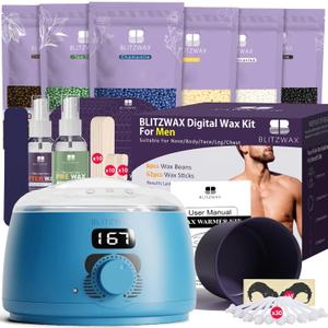 BLITZWAX Back and Nose Waxing Kit for Men, Hard Wax Warmer for Brazilian, Body and Face, At Home Hair Removal Kit, Beginner Friendly, Quick Heating, 93 Accessories, Royal Blue