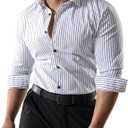 JOGAL Mens Striped Shirts Long Sleeve Textured Satin Party Shirt Slim Fit Wrinkle-Free Button Down Shirts (L)