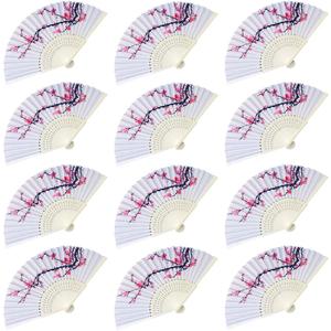 LYART 12PCS Delicate Cherry Blossom Design Silk Folding Hand Fan Wedding Favors Gifts,Fan Girls, Ladies, Church Wedding Gift, Party Favors, DIY Decoration Music Festival, Party, Parade (1.cherry Fan-12pcs)