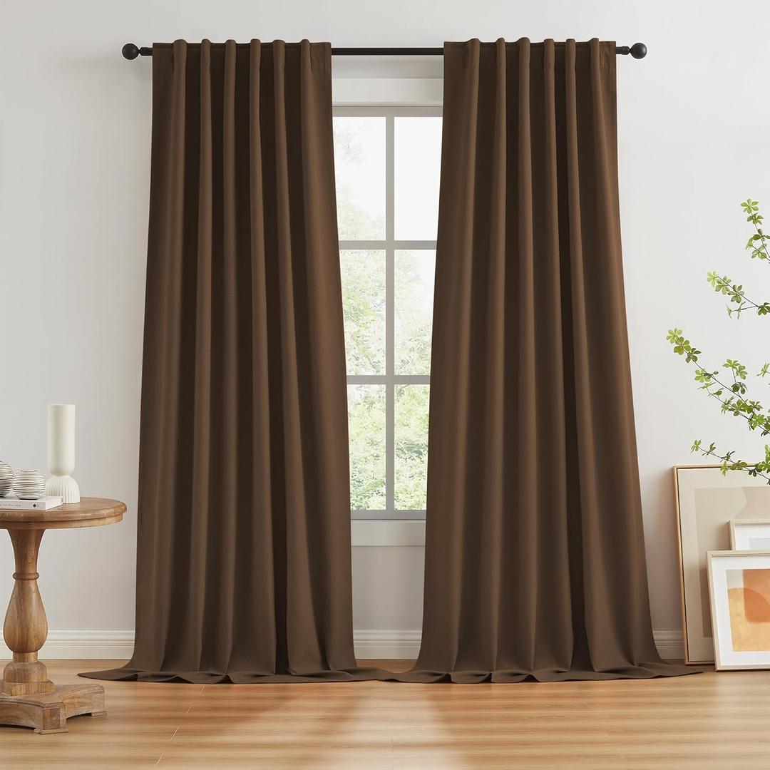 KEQIAOSUOCAI Brown Linen Textured Blackout Curtains 102 Inches Long for Living Room, 100% Light Blocking Curtain Drapes Chocolate Brown 50 by 102 Inch Length 2 Panels Back Tab Rod Pocket