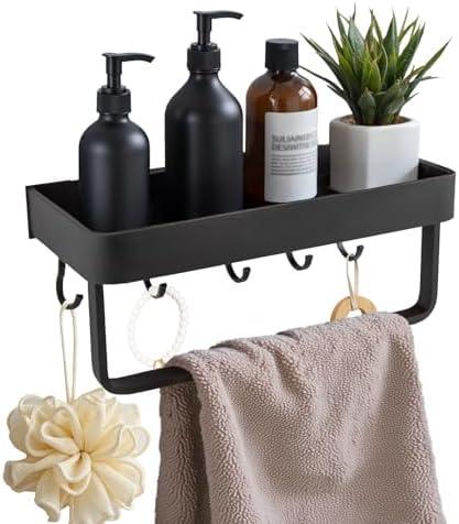 Luxflowing Hand Towel Ring with Shelf for Bathroom Wall, Drilling Installation, Sturdy and Beautiful, Can Also be Used in Kitchens, Balconies, Restrooms, Hotels (Black, Small)