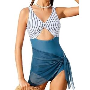 Funnycokid Girls One Piece Swimsuits Size 12-14 Bathing Suit Twist-Knot Blue Stripes Color Block Pad Teen Swimwear with Cover Up Skirt