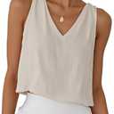 Women Linen Crop Tank Tops V Neck Spring Summer Sleeveless Casual Cute Beach Shirts, M