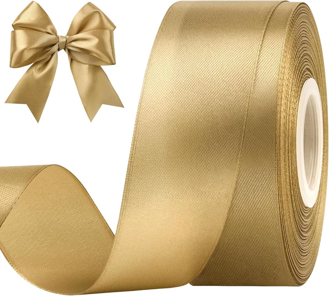 1-1/2 Inches 50 Yards Champagne Gold Satin Ribbon, Solid Fabric Ribbon Roll for Flower Bouquets, Gift Wrapping, Wedding, Handmade Crafts
