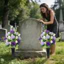 Grave Decorations for Cemetery Artificial Memorial Roses Flowers Bouquets with Vases for Outdoor Grave Decorations Long-Lasting(Purple)