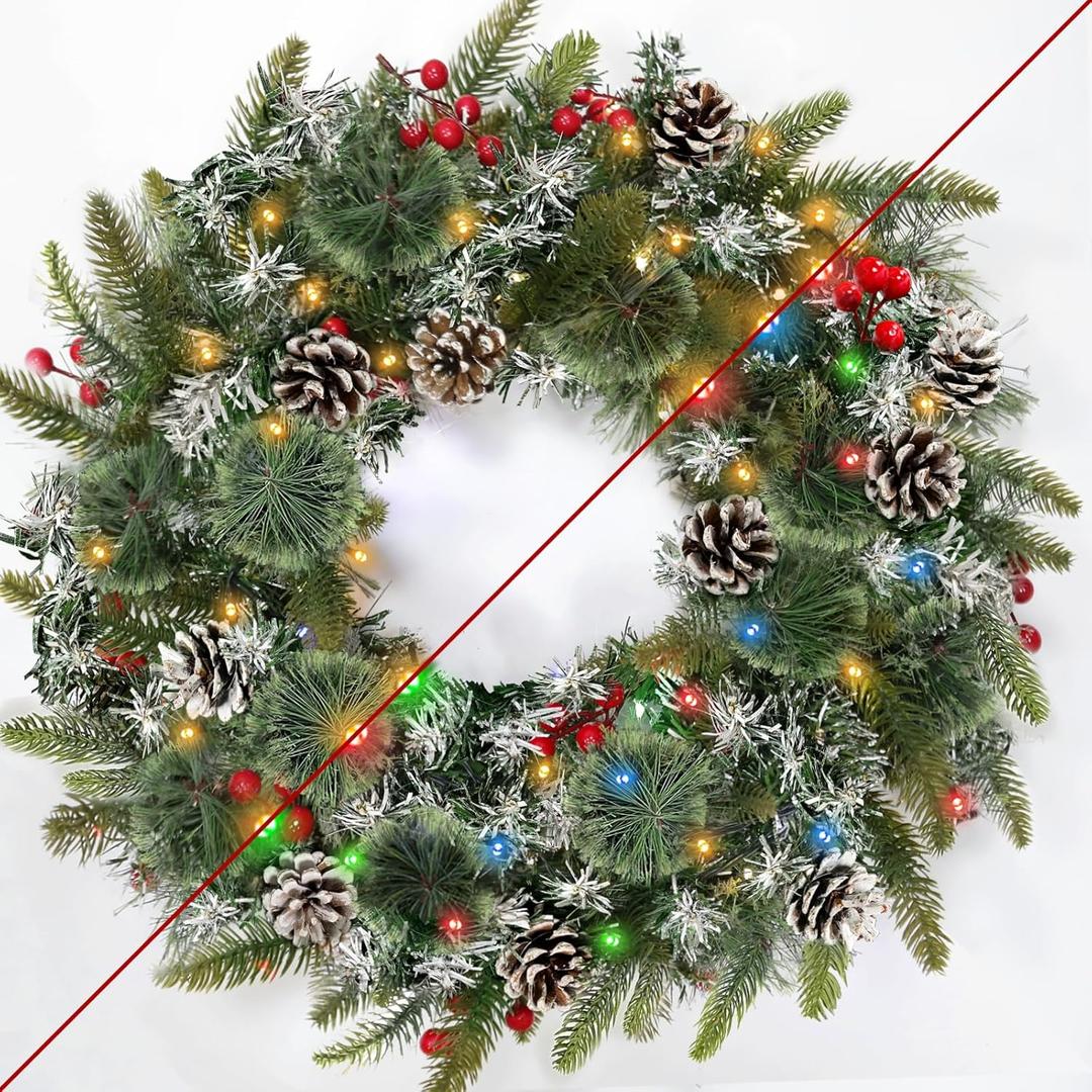 24 Inch Lighted Christmas Wreath, Artificial Christmas Wreaths for Front Door with 50 Warm White&Multicolored Dual Color Lights Timer 8 Modes 15 Pinecones 14 Berries 190 Tips Xmas Indoor Outdoor Home