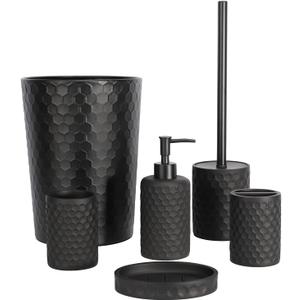 zccz Bathroom Accessory Set - 6 Pcs Black Bathroom Accessories Set with Trash Can, Toothbrush Holder, Toothbrush Cup, Soap Dispenser, Soap Dish, Toilet Brush with Holder - Accessoire Salle de Bain (Black Effect)