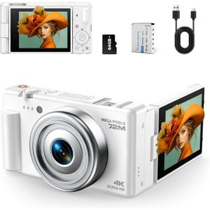 4K Digital Camera for Photography, 72MP Vlogging Camera for YouTube, Autofocus Digital Cameras with 270 Flip Screen, 18X Digital Zoom Point and Shoot Cameras with 64GB TF Card & Battery, Carry Bag (Pure White)