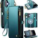 Defencase for iPhone 16 Plus Magnetic Wallet Case Compatible with Magsafe with RFID Blocking Zipper Strap Card Holder for Women Men PU Leather Detachable Case for iPhone 16 Plus (6.7 inch), Blue Green