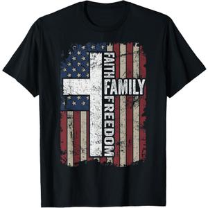 Faith Family Freedom - Patriotic Christian Vintage USA Flag T-Shirt, S