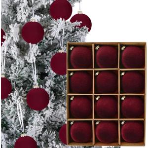 12pcs Christmas Tree Hanging Ball Decoration 2.4Inch Velvet Christmas Ornaments Balls Flocked Shatterproof Plastic Xmas Tree Ball for Party Holiday Wedding Home Decor (1, Burgundy, 12PCS)