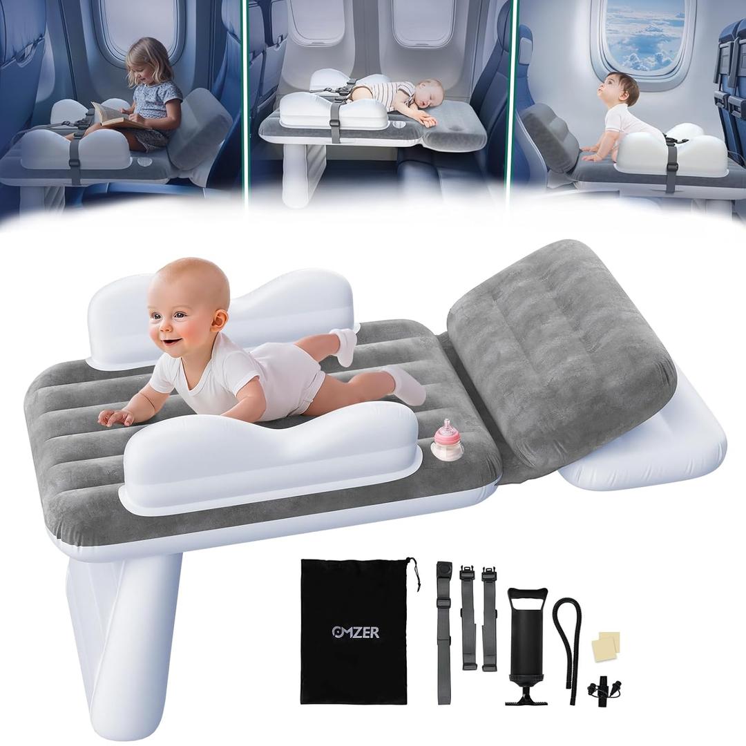 Omzer Inflatable Toddler Airplane Bed: Large Airplane Seat Extender for Kids with Cup Holder & Seat Belt - Portable Baby Travel Bed with Travel Bag & Hand Pump