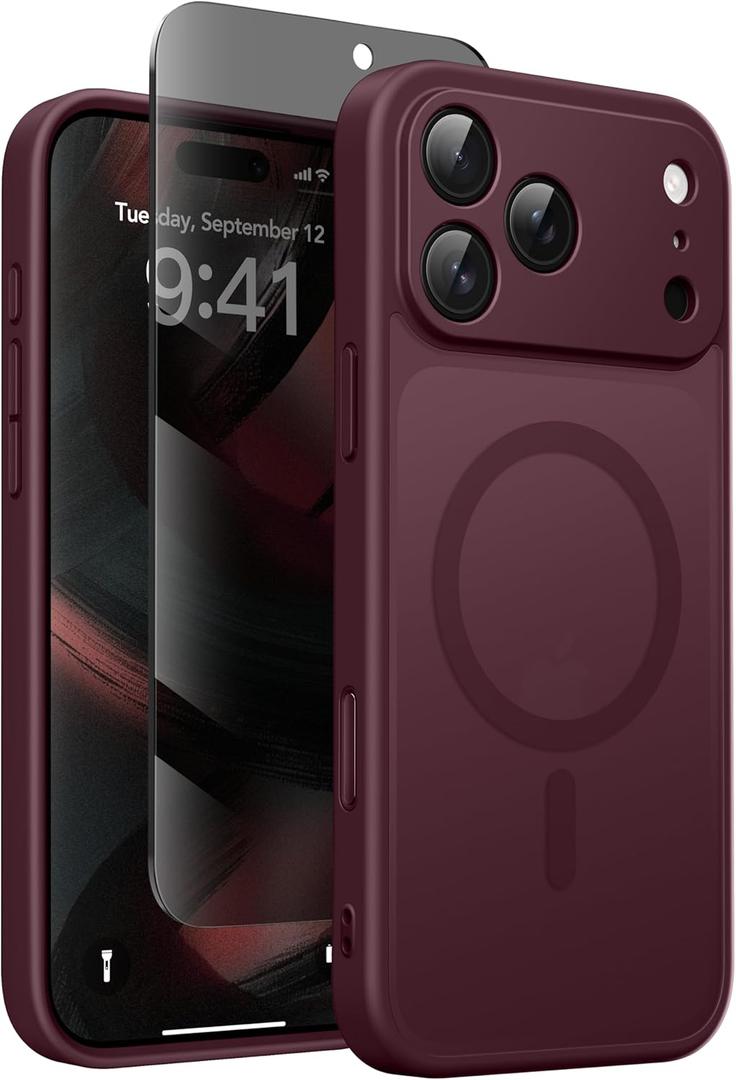 GolbinBox Magnetic for iPhone 17 Pro Case with Privacy Screen Protector, Compatible with MagSafe,[Full Camera Protection] Military Grade Matte Translucent iPhone 17 Pro Phone Cover,Wine Red