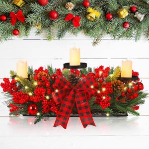 Christmas Centerpiece with 3 Candle Holders 3 LED Candles 1 String Lights Xmas Triple Candelabrum Poinsettia Red Buffalo Plaid Bow Berry Pine Cones with 3 Candle Holders for Tables Home Decorations (Trendy Style)