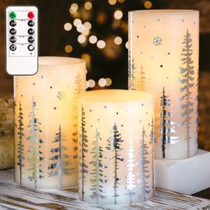 Christmas Flameless Candles, Battery Operated, Hot Stamping Silver Xmas Tree LED Flickering Candles with Remote and Timer, Holiday Decorative Pillar for Xmas, Party, Bedroom