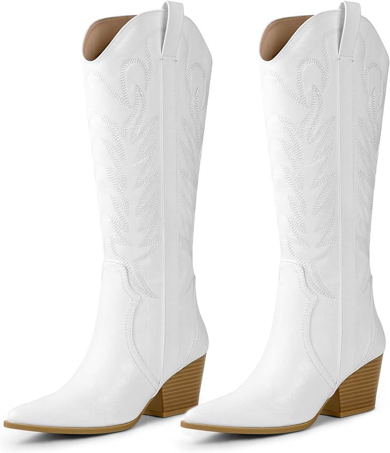 Arromic Cowboy Boots for Women Comfortable Womens Embroidered Western Cowgirl Knee High Boots Pointed Toe Zipper Chunky Heel Country Outfit Retro Tall Boots 9.5