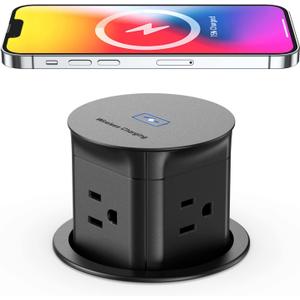 Jgstkcity Pop Up Outlet with 15W Wireless Charger,4 Outlets 15A, Splash Resistant,3 inch Desk Hole Power Grommet,Space Saver Outlet for Kitchen Countertop,Office Conference Table,ETL Listed (Black)
