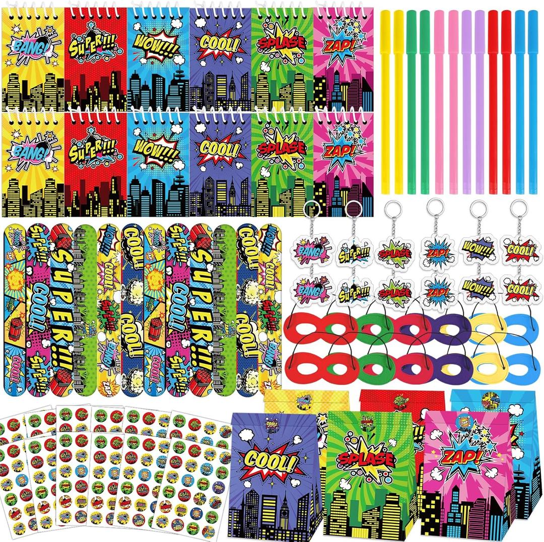 84pcs Hero Themed Super Party Favors with Colorful Paper Gift Bag Notepad Pen Slap Bracelet Key Chain Eye Mask Sticker Comic Hero Themed Party Supplies for Boy Girl Birthday Classroom Games Activities