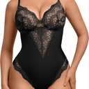 FeelinGirl Womens Body Suits Shapewear Tummy Control Backless Thong Body Shaper V Neck Compression Lace Bodysuit Tops (X-Large, Black)