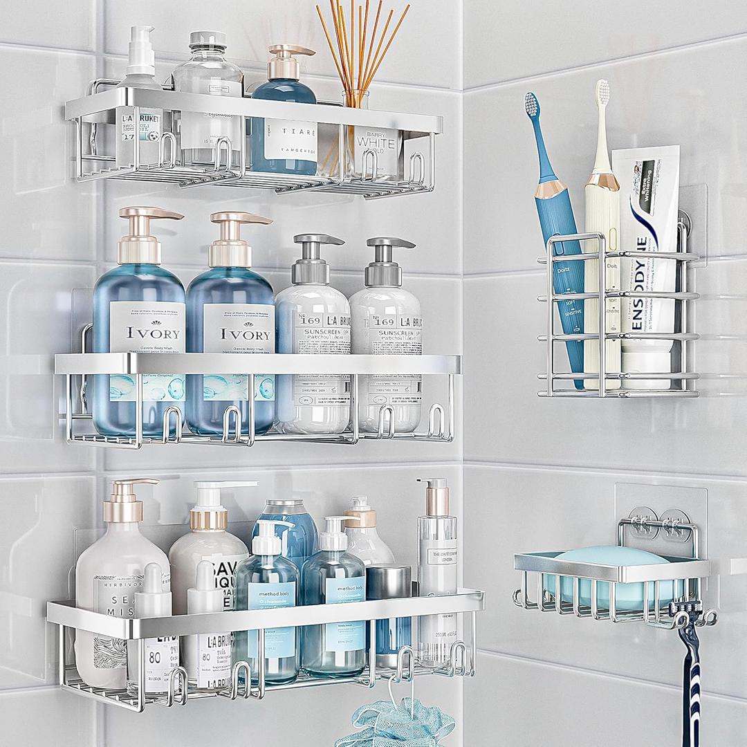 5 Pack Shower Caddy Organizer Rack Shelf for Inside Shower, Self Adhesive Bathroom Wall Storage Basket Rustproof Stainless Steel Large Capacity Shampoo Holder, Silver