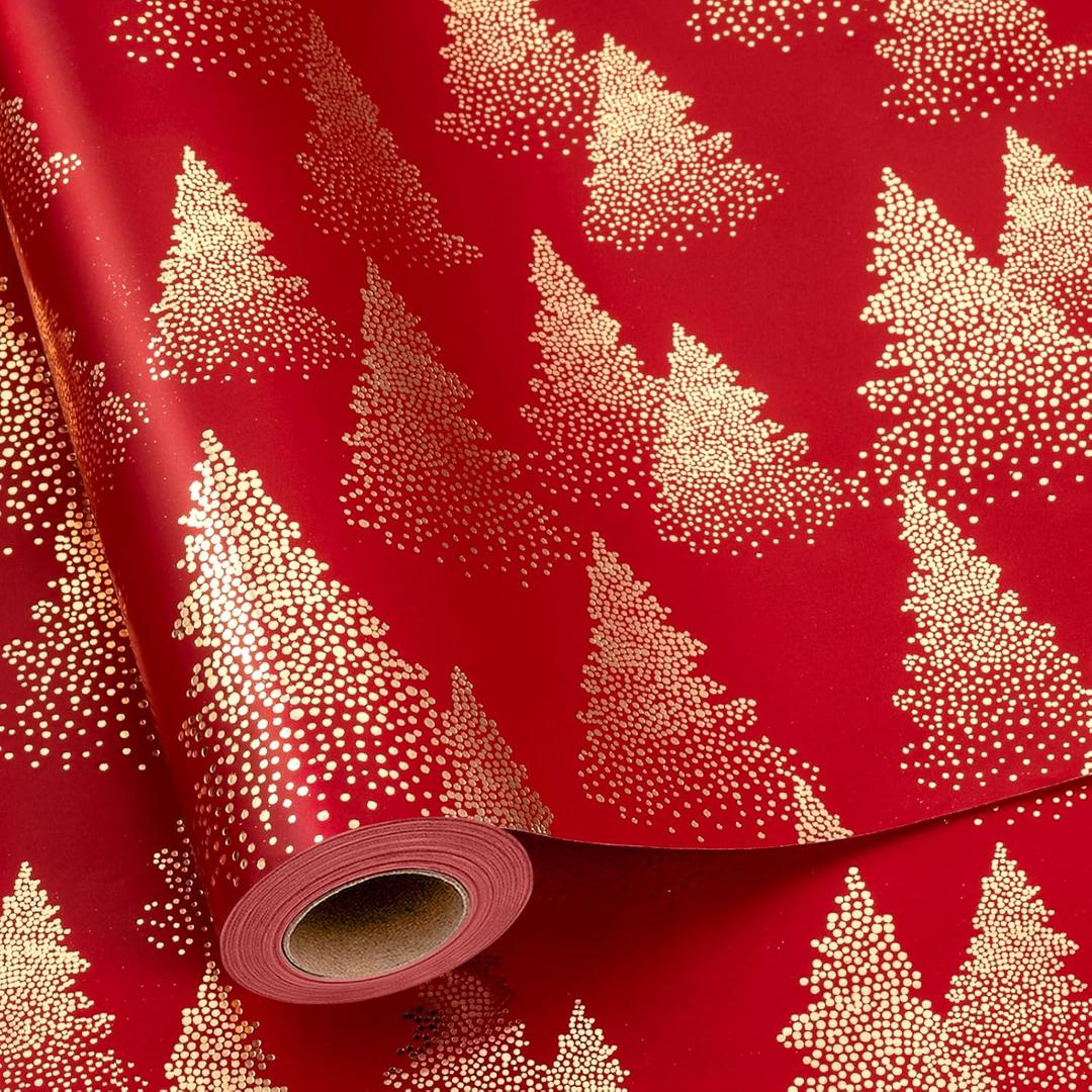 Yarcony Red Christmas Wrapping Paper, Red and Gold Trees Holiday Wrapping Paper, Vintage Gold Foil Christmas Trees Elegant Winter Gift Wrap for Gift Packaging, Craft, New Year(17 Inch X 33 Feet)