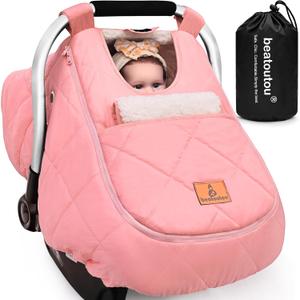 beatoutou Winter Baby Car Seat Cover, Waterproof Winter Infant Carseat Canopy for Girls, Cold Weather Warm Car Seat Covers for Babies, Keeps Babies Warm and Cozy (Pink)