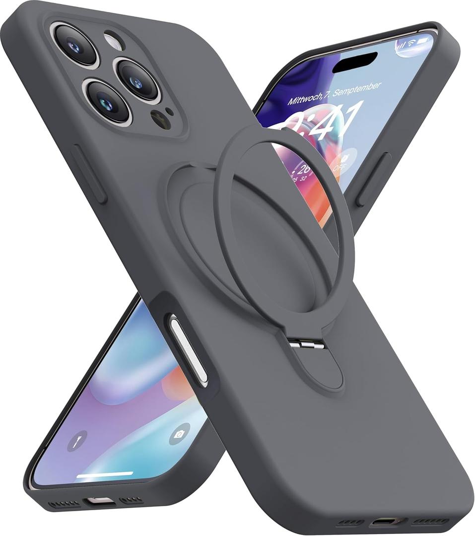 Magnetic Stand for iPhone 16 Pro Max, Liquid Silicone, [Compatible with MagSafe][Built-in Kickstand&Ring Holder] Anti-Scratch Soft Microfiber Lining, Gray
