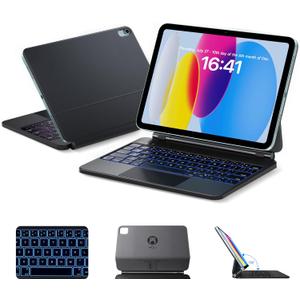HOU Magnetic Keyboard Case for iPad 11 (A16)/10, 135 Wider Adjustable Tilt, Smooth AG-Glass Touchpad, 12 Shortcut Key Combinations, 7-Color Backlight, Deeper 1.3mm Key Travel, Bluetooth, Black