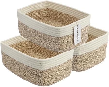 XUANGUO Small Woven Storage Baskets 13“X9”X5“ Decorative Rope Bins for Organizing Shelves, Closets, and Toys, Empty Gift Baskets, Cute Organizer Basket for Home and Office (white and brown, Large)