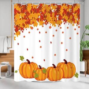 NECSOLE Fall Thanksgiving Shower Curtain for Bathroom Waterproof Polyester Fabric Pink Autumn Pumpkin Flowers Leaves Shower Curtain Set Home Bathtub Decoration with Hooks, 72x72in