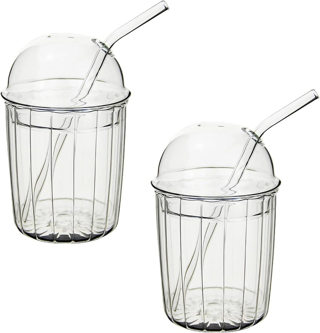 Moiitee 2 Packs 15oz Glass Tumblers with Bubble Lid & Straw - Reusable Iced Coffee Cups, Bubble Tea Cups with Dome Lid, Cute Drinking Cups for Smoothies, Home Office Bar, Dishwasher Safe