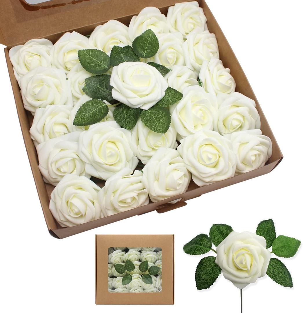Artificial Roses Flowers 50pcs Real Looking Foam Fake Roses with Stems for DIY Wedding Bouquets Bridal Shower Centerpieces Party Decorations (50, Milk White)