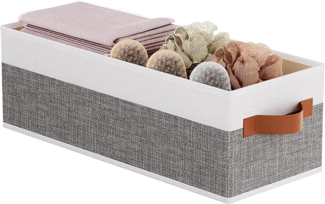 Collapsible Storage Bins 1-Pack, Foldable Baskets for Organizing, Clothes Boxes with Handles, Fabric Cubes Containers, White and Gray, 15 x 6 x 5 Inch