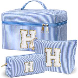 Personalized Monogram Makeup Bag, 3PCS Custom Monogrammed Toiletry Cosmetic Bag for 6-18 Teen Girls Women,Birthday Graduation Gifts Initial Pouch Makeup Bags for Women Girls, Make Up Bag (H, Blue)